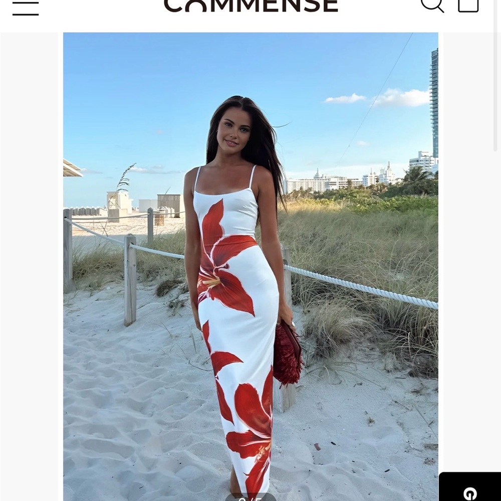 Commense White Maxi Dress with Bold Red Floral Design